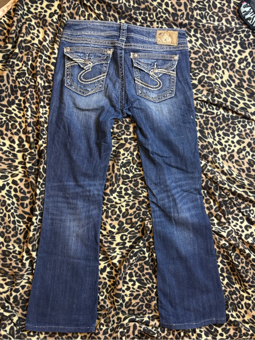 Women’s Dark Blue Y2K silver jeans Bootcut Jeans with Decorative Back Pockets